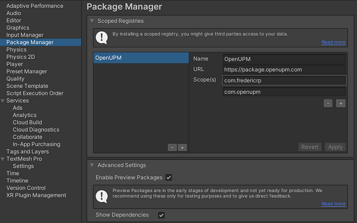 Ajouter un scoped registry dans les project settings