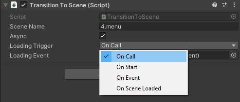 Inspector de TransitionToScene avec les paramètres sceneName, async, loading trigger et loading event